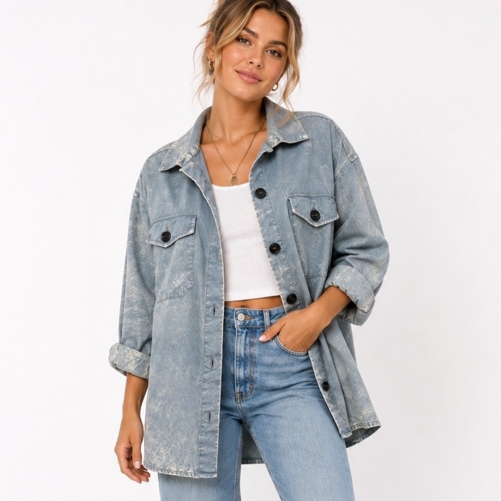 Zenana Shirt Jacket 1X Blue Mineral Wash Cotton Button Front Shacket24